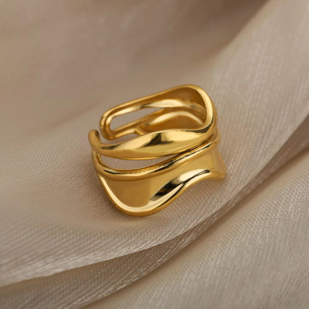 Luxury Wide Wave Rings for Women Gold Color Stainless Steel Ring 2024 Trend Elegant Aesthetic Jewelry Couple Gift Anillos Mujer